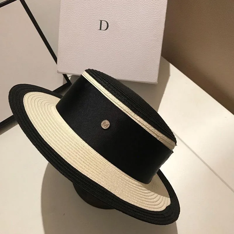 Hepburn Style Wide Brim Straw Hat Women Summer Beach Sun Hat French Elegant Flat Top Fedora