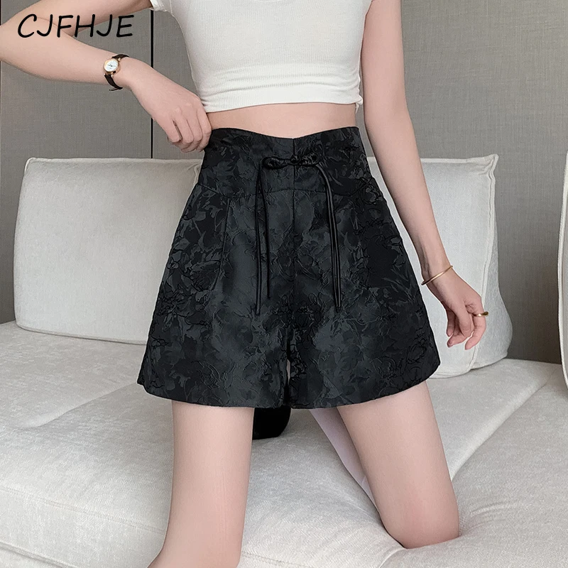 CJFHJE Summer Women Retro Chinese Style Jacquard Button Shorts Fashion Versatile High Waist Women\'s A-line Thin Wide Leg Shorts