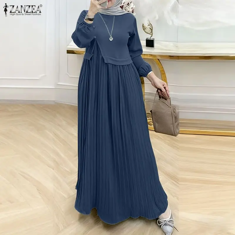 ZANZEA Ramadan Robe Muslim Abaya Hijab Long Dress Women Spring Patchwork Dresses Fashion Elegant Long Sleeve Pleated Sundress