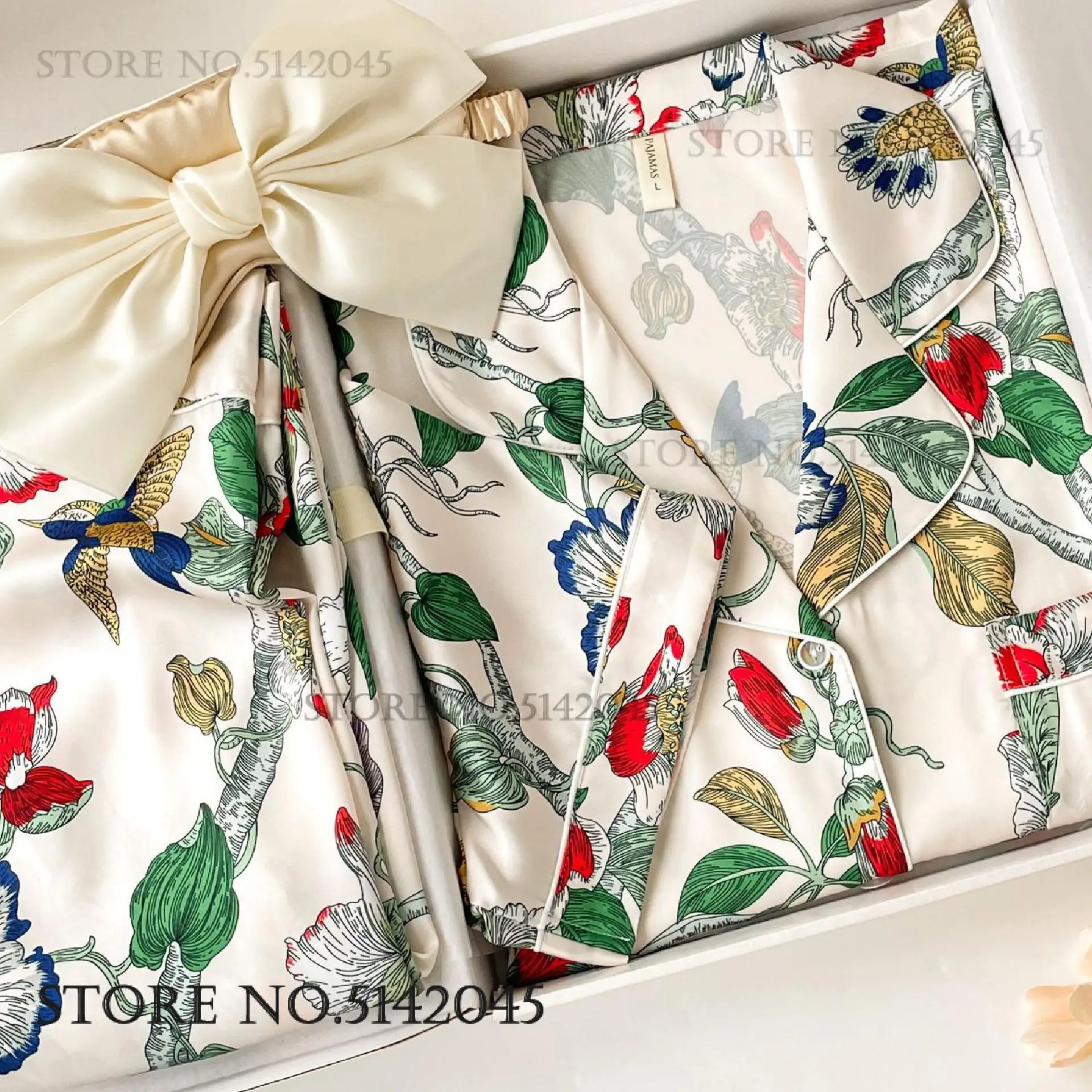 

Spring Summer New Pajamas Female 2PCS Trouser Suits Sleepwear Print Flower Silk Satin Nightwear Pijamas Suit Loose Home Wear