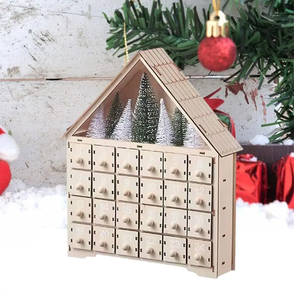 Wooden 24 Day Christmas Countdown Calendar With LED Light Handmade Christmas Emitting Shape ﻿ Lights Ornaments House Calend U0L1