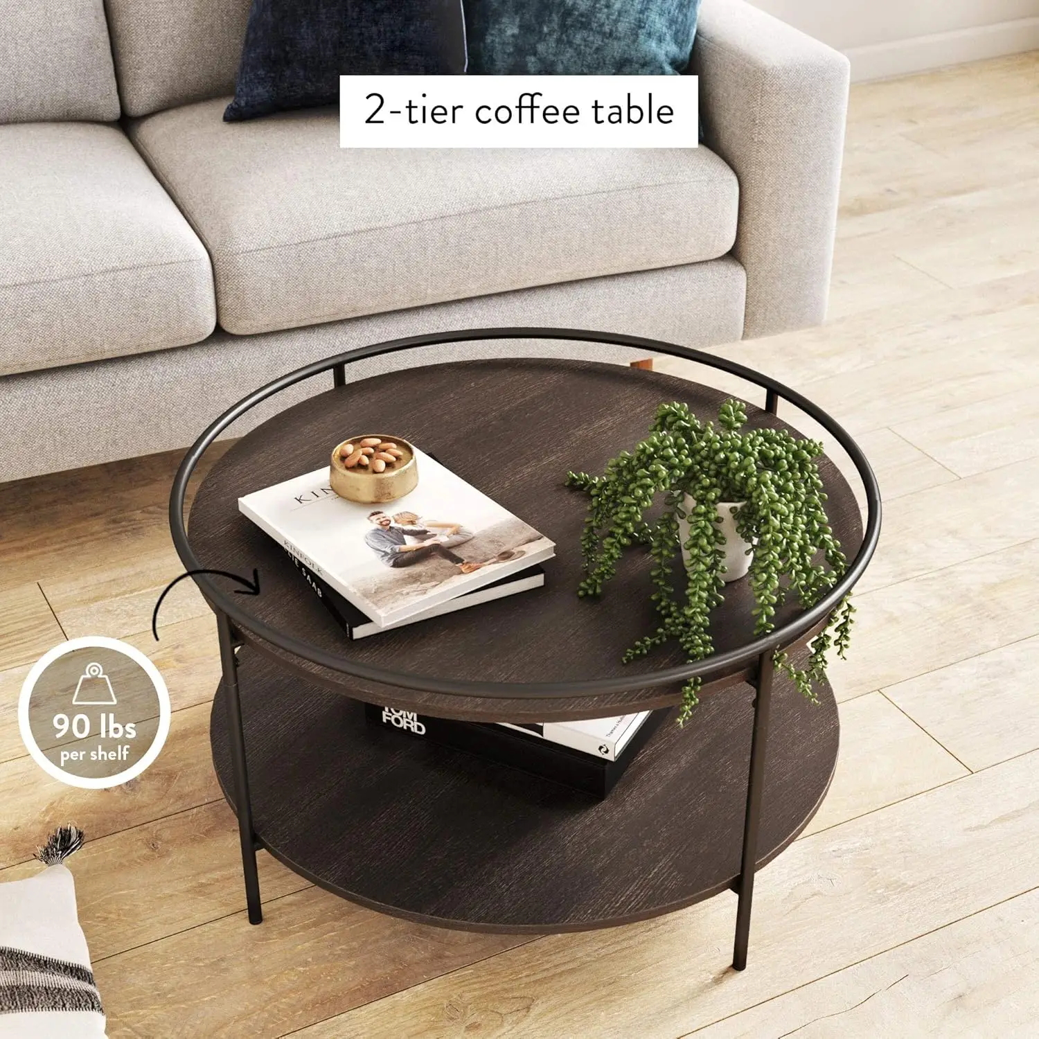 James Paloma-2-tier Mesa de café redonda com bandeja levantada, mesas de borda superior, carvalho escuro ou fosco, estilo minimalista, sala de estar, coquetel