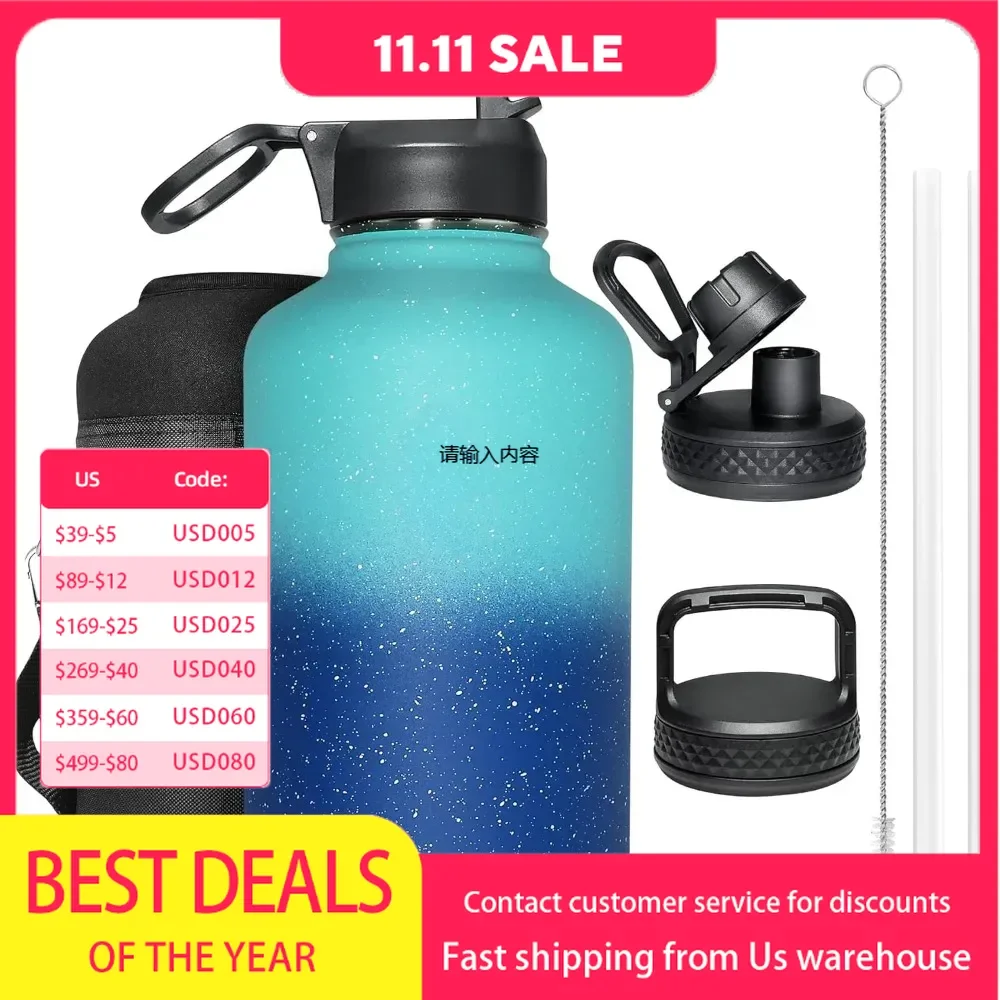 64 oz water bottle with straw and 3 lids to keep warm, half gallon water bottle, large metal stainless steel thermos