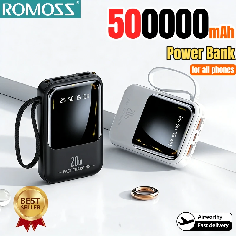 

ROMOSS 500000 мАч PD20W Power Bank Встроенный 4 кабеля Большая емкость Быстрая зарядка Внешняя батарея с цифровым дисплеем для всех телефонов