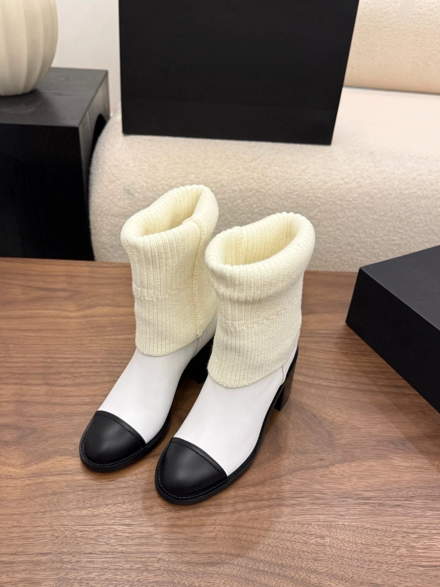 2026 Women Knit Splicing Color‑block Block Heel Knee‑High Boots ZX020