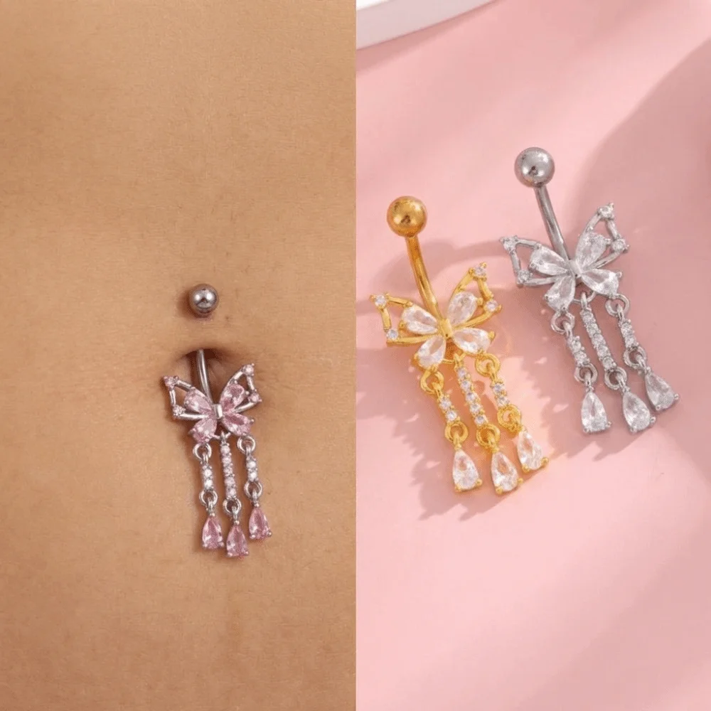 Daily Elegant Dangled Belly Ring Bow Zircon Butterfly Navel Piercing Personality Stainless Steel Curved Barbell Seaside