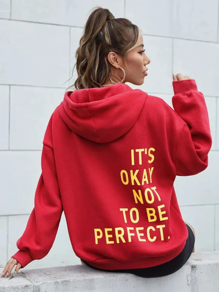 Sudadera con capucha con estampado de letras Lt\'s Her Not To Be Perfect para mujer, sudaderas de manga larga con bolsillo, Jersey cálido, moda Cl