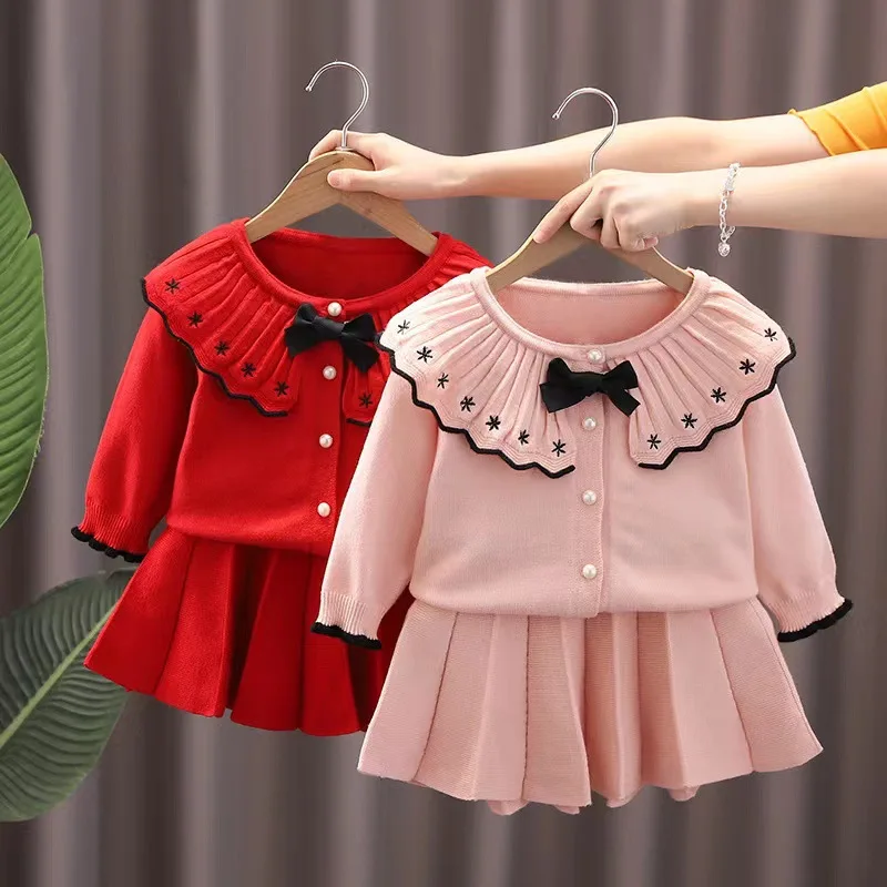 

Girls knitting sweater two-piece cardigan suit qiu dong han edition 2023 girl skirts slip