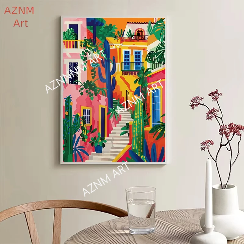 Colourful Mexican Street Cactus Poster Wall Art Picture Architecture Boho Canvas Painting Print for Living Room Home Decor
