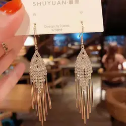 New Long Tassels Temperament Senior Drop Earrings Contracted Geometric Full Crystal Zircon Fashion Women Earrings Jewelry
