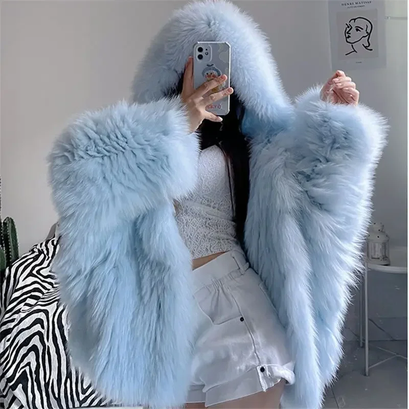 

Faux Fox Fur Coat for Women 2025 Winter New Style Hooded Loose Fit Slimming Soft Fur Outerwear
