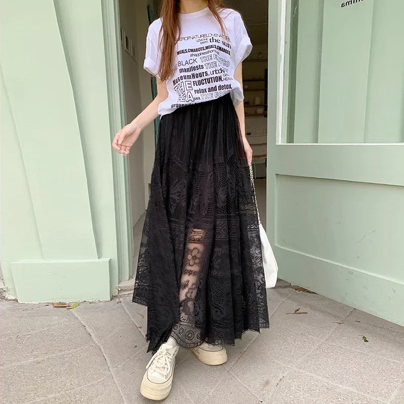 

Long Skirts for Women Embroidered Hollow Out Half Skirt Korean Fashion Fluffy Long Skirts High Waisted Umbrella Casual Skirt