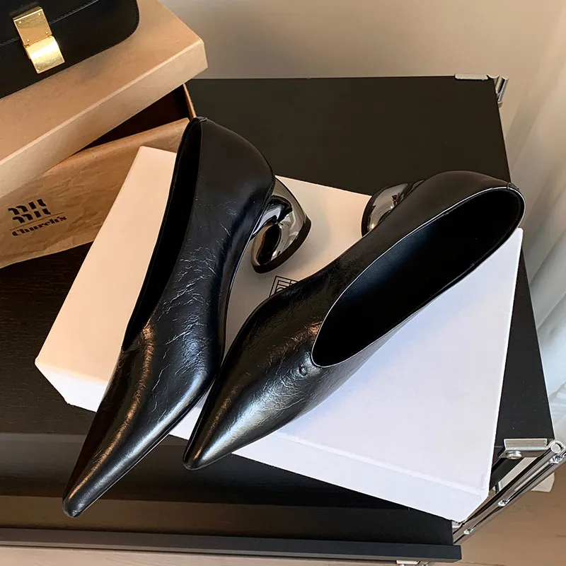 MKKHOU Fashion Pumps New High Quality Genuine Leather Pointed V-Mouth Strange Style High Heels Commuter Women's Shoes