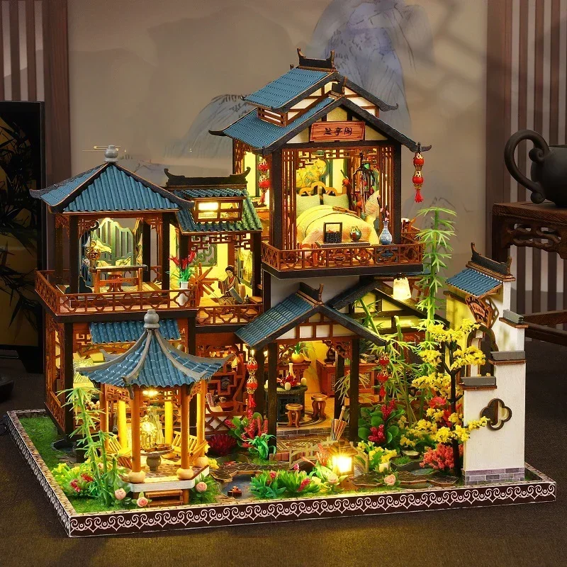 New DIY Wooden Chinese Ancient Villa Miniature Building Kits Doll Houses Casa Dollhouses for Friends Handmade Birthday Gifts
