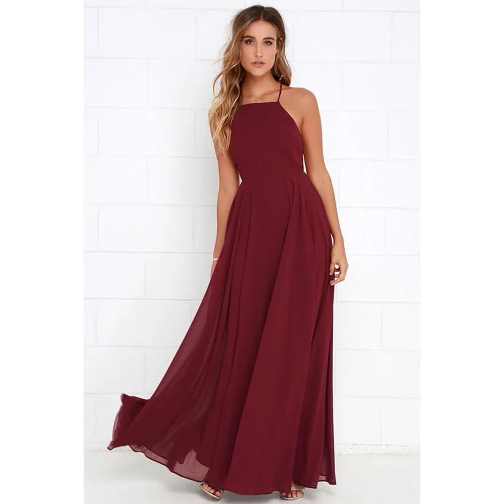 Moda donna estate senza maniche cinturino o collo Boho abito casual lungo maxi sera festa spiaggia abito senza schienale vestito estivo