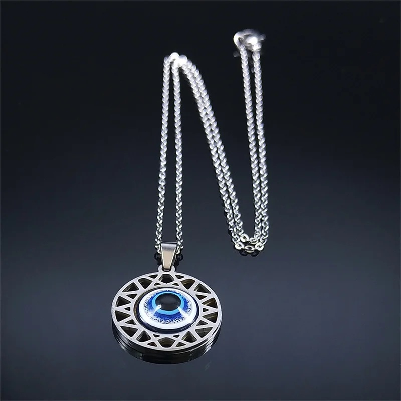 Mode Türkische Blue Eye Anhänger Halskette Edelstahl Silber Farbe Blau Glück Augen Halsketten Geschenk Schmuck Collier N8023S01 – Detail 7