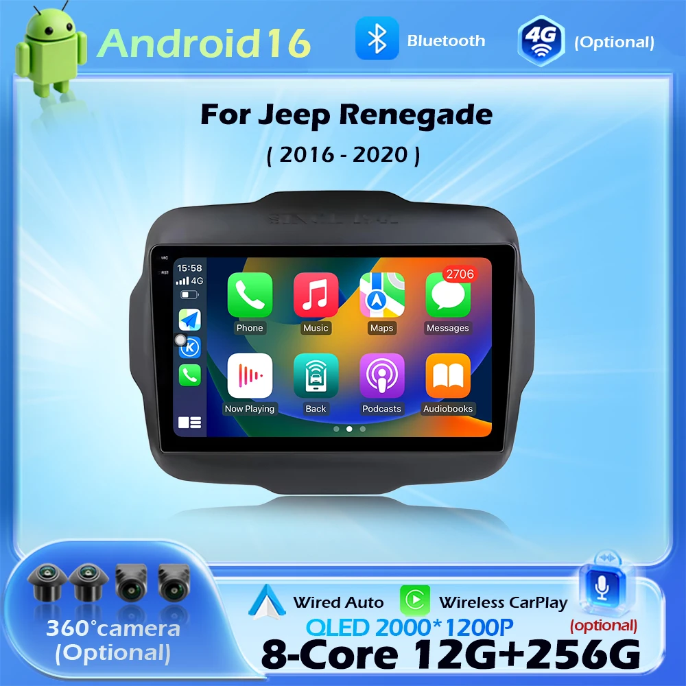 

Android 16 For Jeep Renegade 2016-2020 QLED Screen Auto Car Radio Multimedia Video Player Navigation GPS CarPlay WIFI DSP Stereo