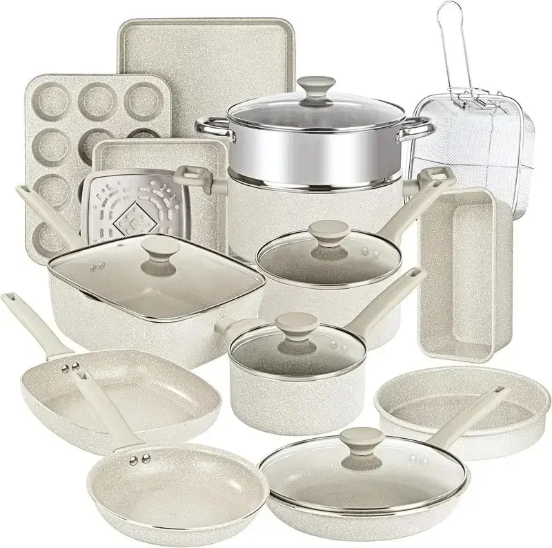 20pcs Desert Cookware Collection by Granitestone - Pans, Pots, Kitchen in a Box, Bake, Steam and Fry. Sets available in Cream