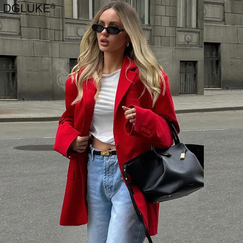 DGLUKE Red Oversized Blazer Woman 2024 New In Coats and Jackets Single Breasted Loose Casual Blazer For Women Autumn Outerwear