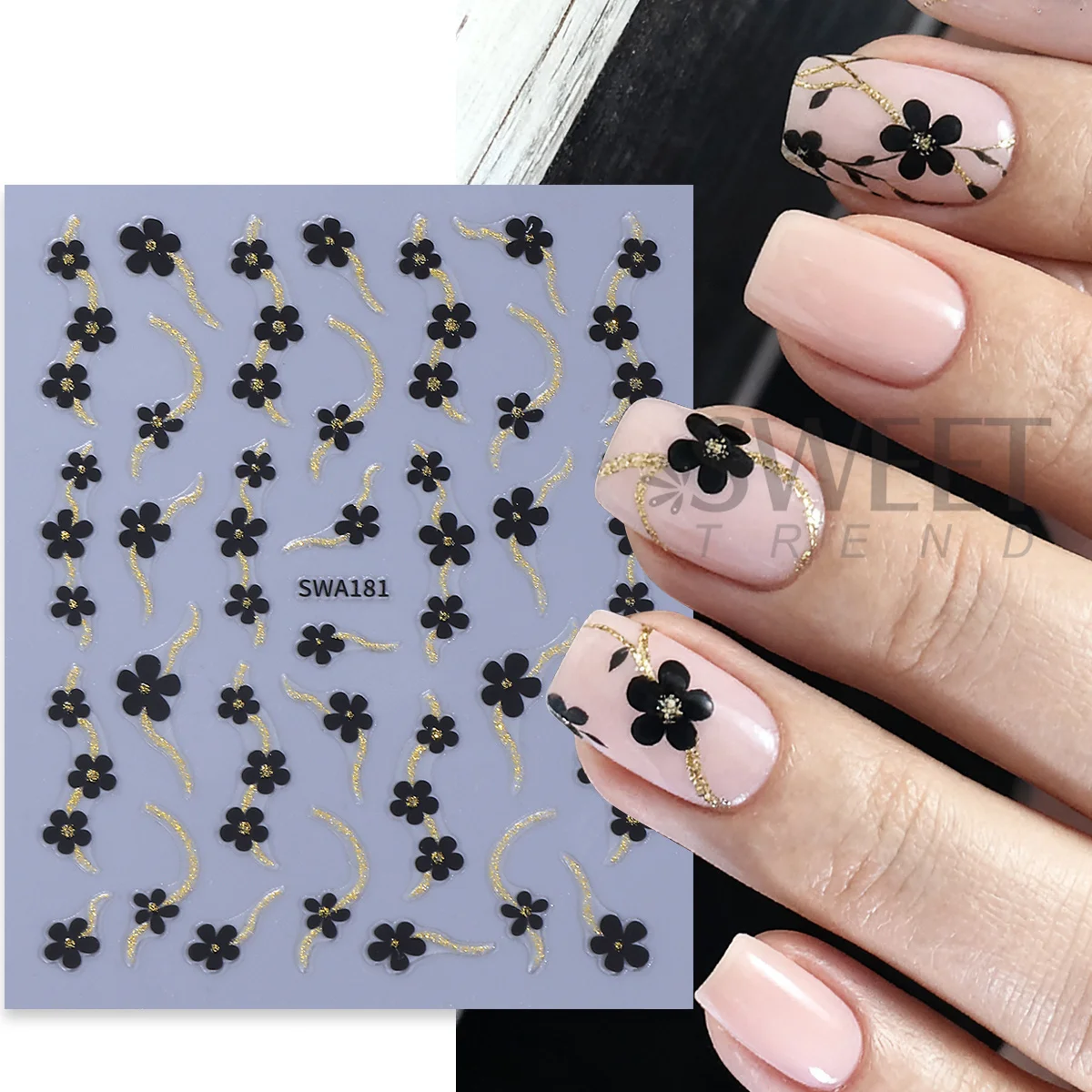 3pcs Black White Small Flower Nail Glitter Stickers Gold Silver Swirl Line Floral Design Adhesive Decal Elegant Manicure Sliders