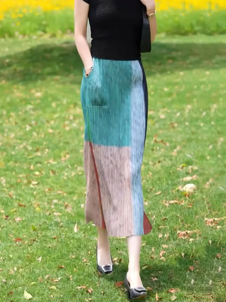 

Новая модная женская юбка миди с высокой талией и цветными блоками, облегающий крой, летняя коллекция