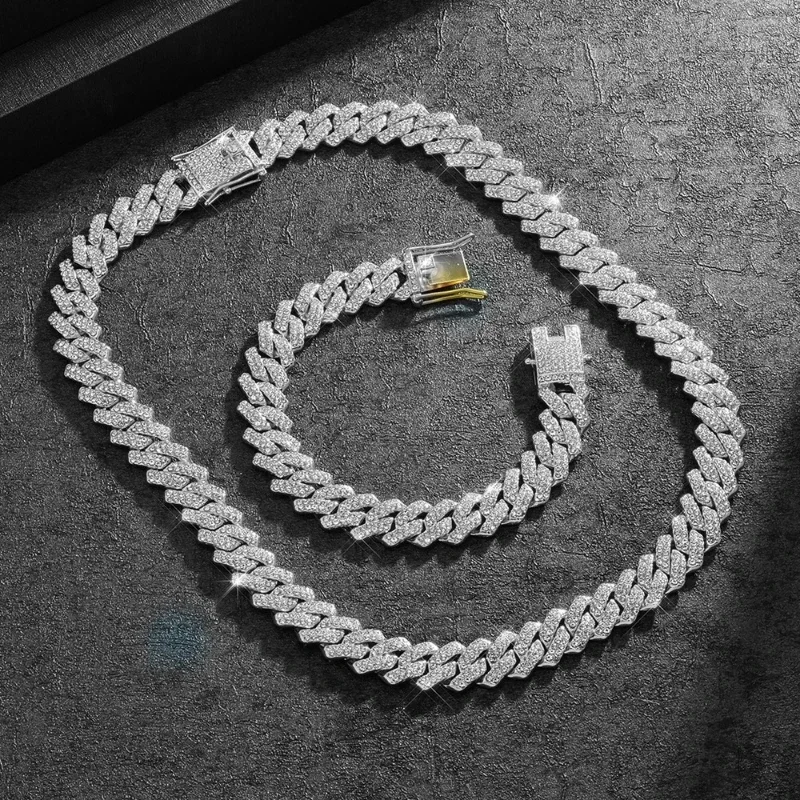 

14Mm Sparkling Rhinestones Men's Cuban Chain, Miami Rap Hip Hop Bracelet Neck Chain Jewelry Accessories Gift