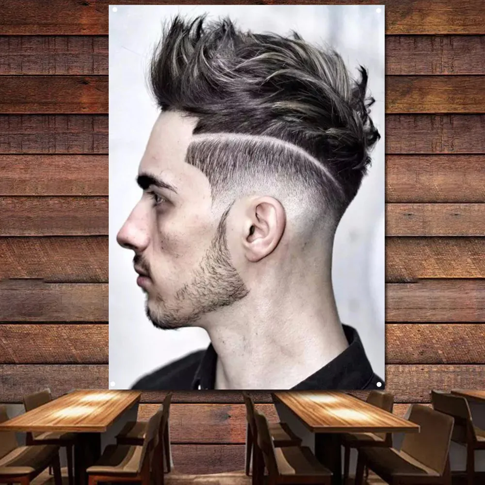 

Men's Side Sculpted Hairstyle Flag Digital Printing Banner Hairstyling Poster for Barber Shop Wall Art Indoor Tapestry Decor
