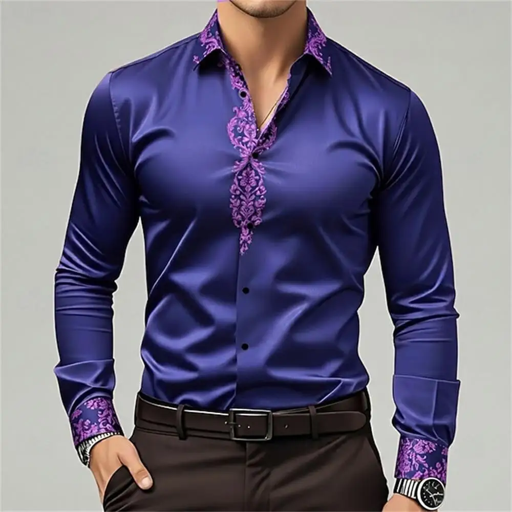 Camisa de manga larga a la moda para hombre, camisa informal con estampado 3D y botón de solapa, camiseta cómoda de manga larga