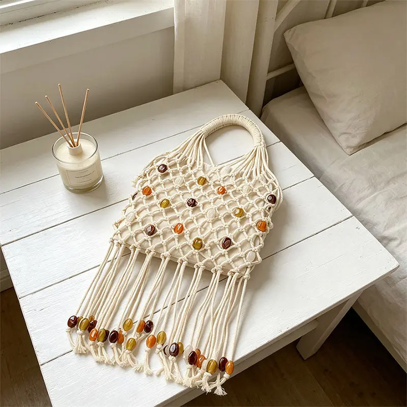 

2026 New Bohemian Woven Bag Women Beaded Tassel Fringe Tote Bag Cotton Rope Hollow Out Shoulder Bag Casual Beach Vacation Purse