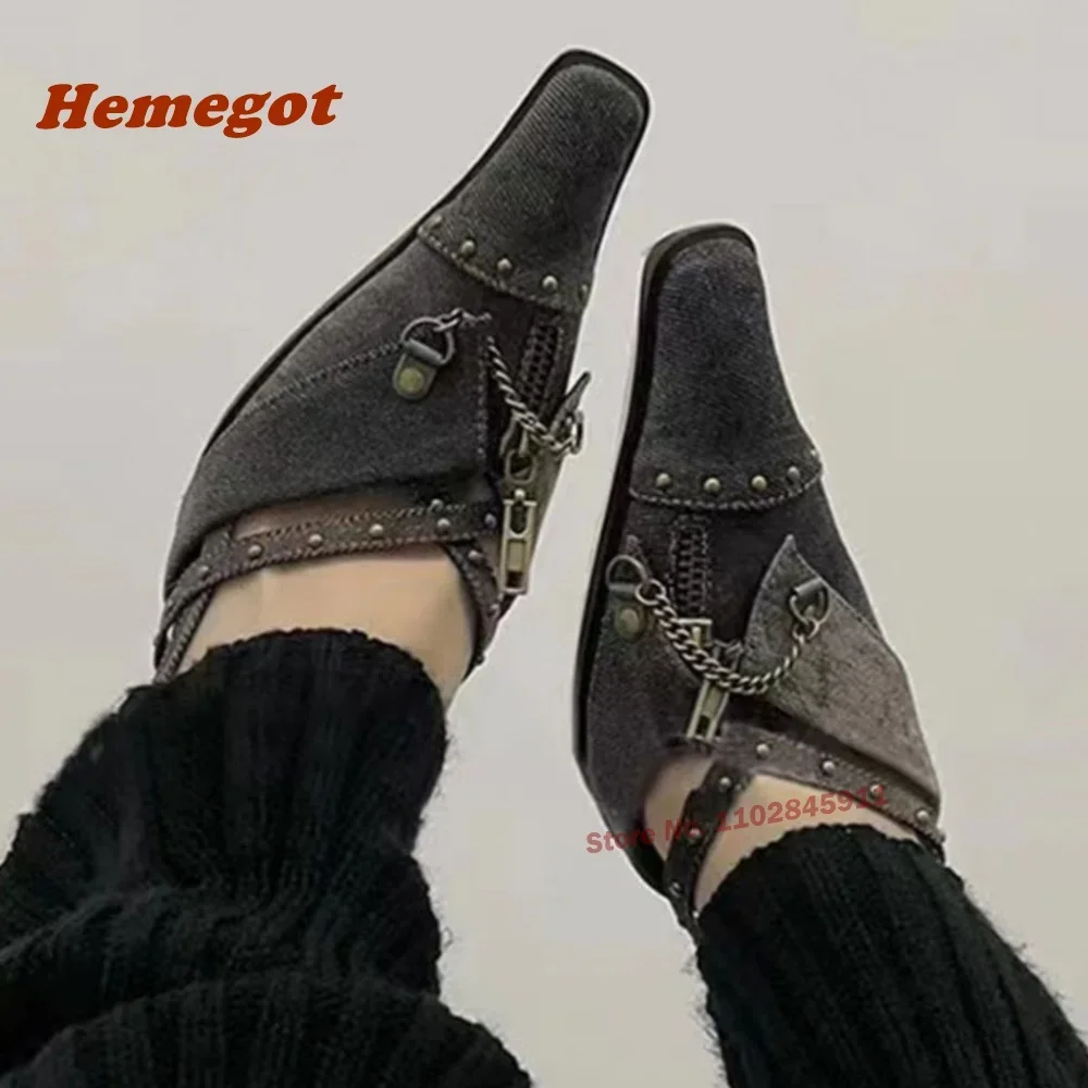 مضخات مرصعة بالأمام مربعة للنساء ، كعب الدنيم الصغير ، مشبك السلسلة ، الصليب الرجعية ، أحذية المدرج الأنيقة ، الأحدث ، الصيف ، Y2K #2