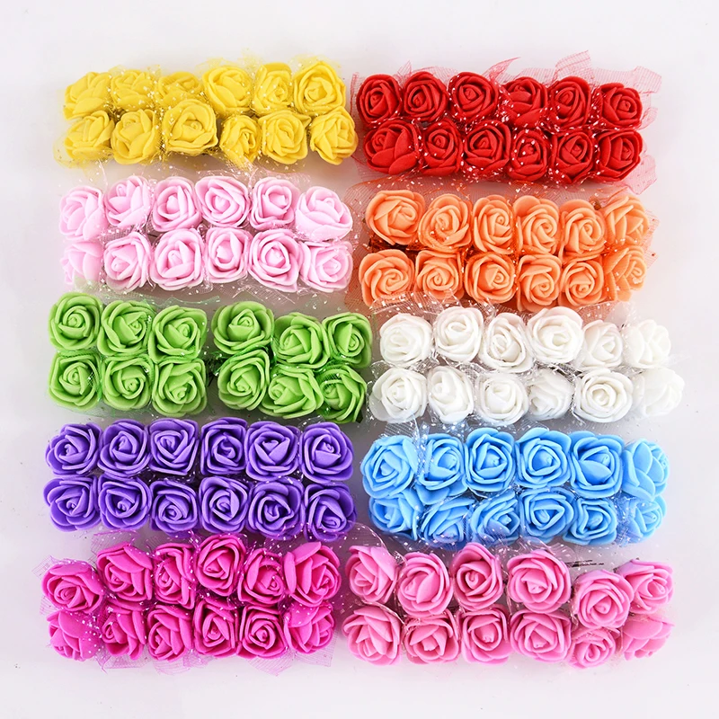 144pcs 2cm Mini Artificial Flowers Heads With Lace Foam Bear Rose Bouquet For Wedding Home Decor DIY Xmas Wreath Gifts Box Decor
