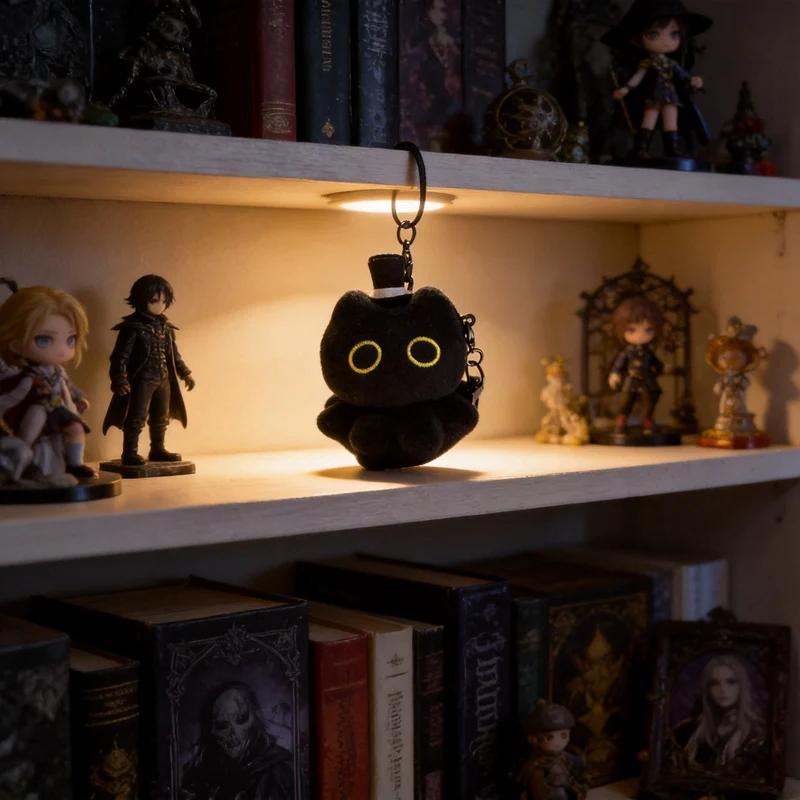 Kawaii Big Yellow Eyes Black Cat Plush Charm, Soft Fluffy Mini Stuffed Keyring for Gothic Journal Decor  Gifts.