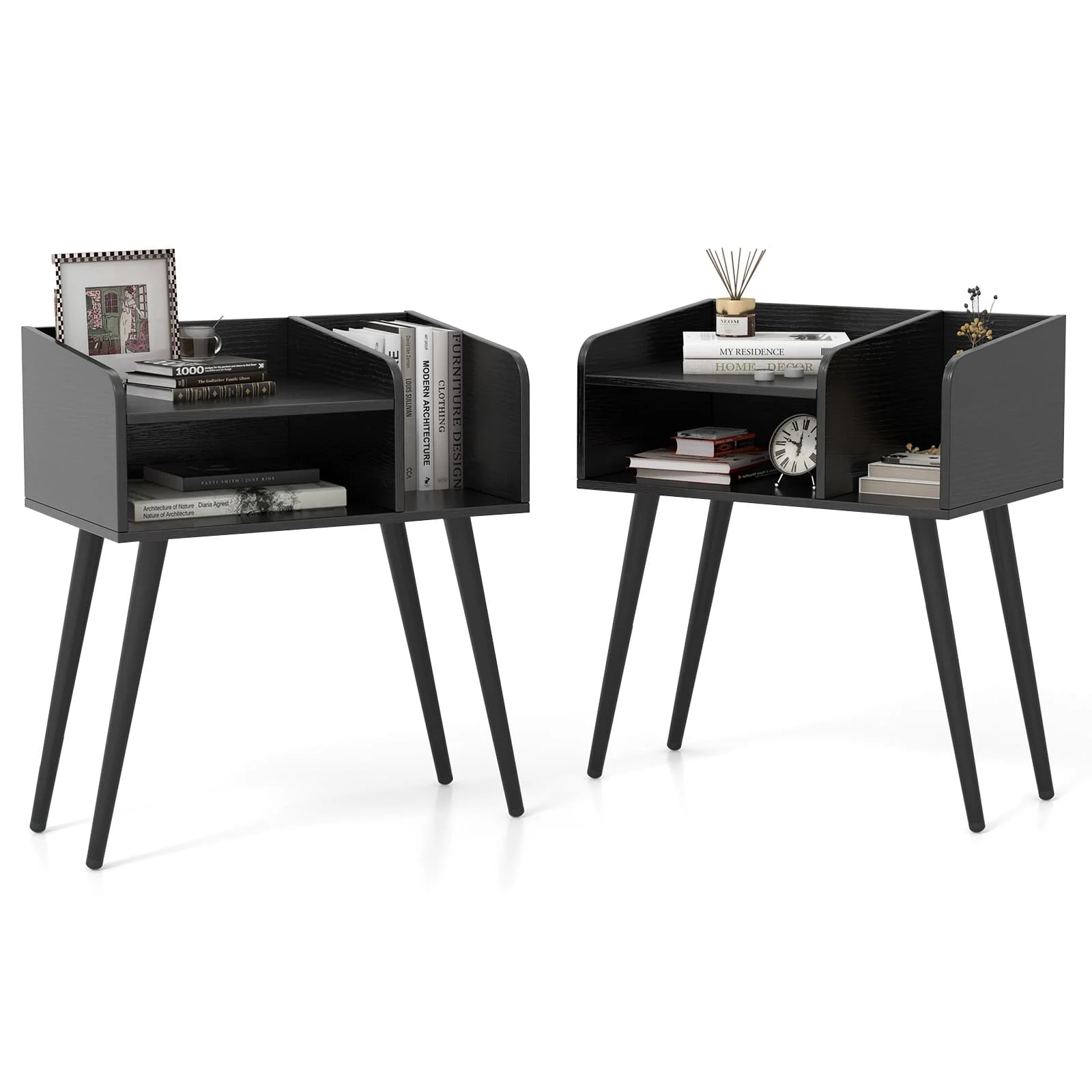 GOFLAME Mid Century Modern Nightstand (Set of 2) with Open Shelves-Black