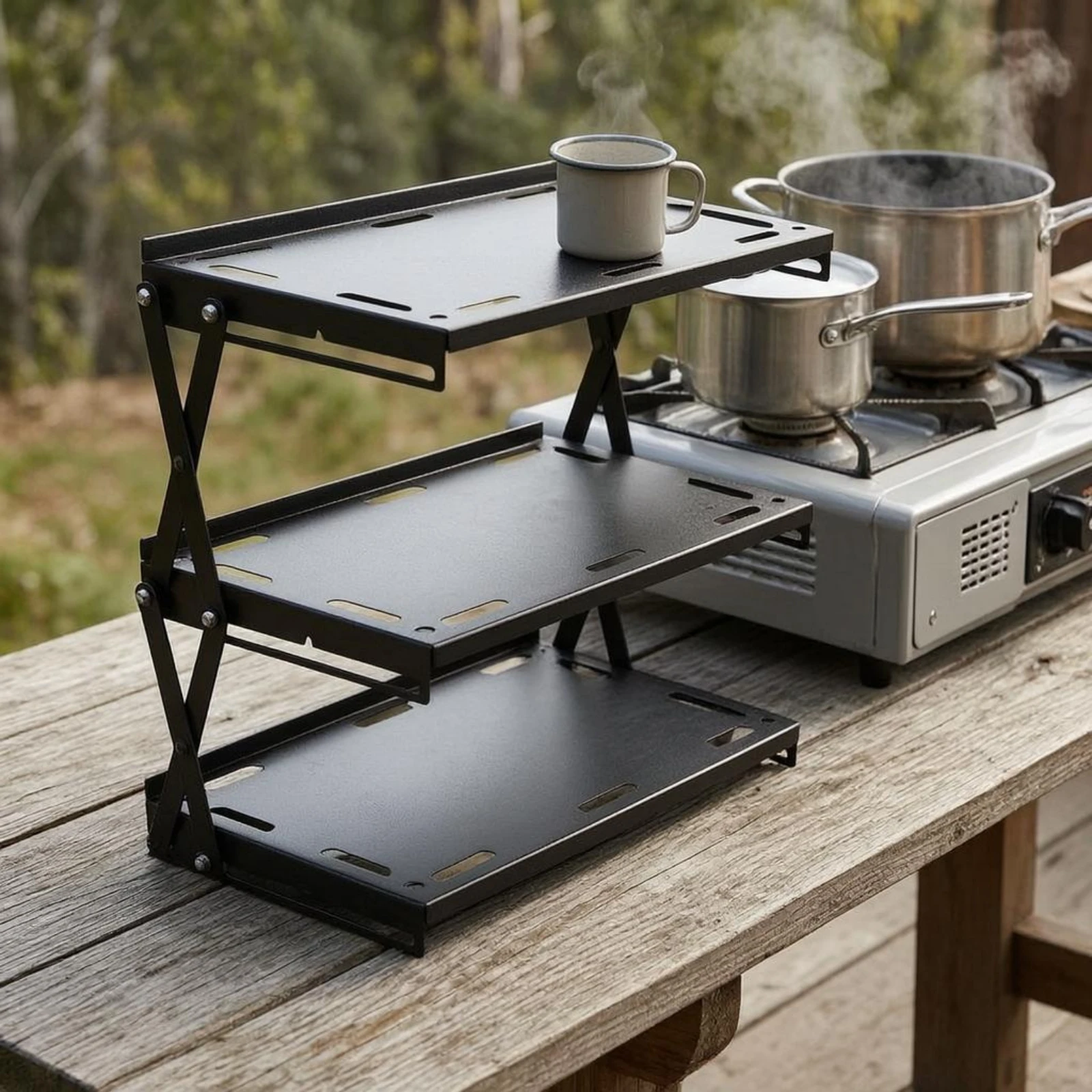Foldable Storage Rack Black 3-Tier Storage Rack Metal Folding Shelf Raised Edges Collapsible Shelving Unit Open-Frame