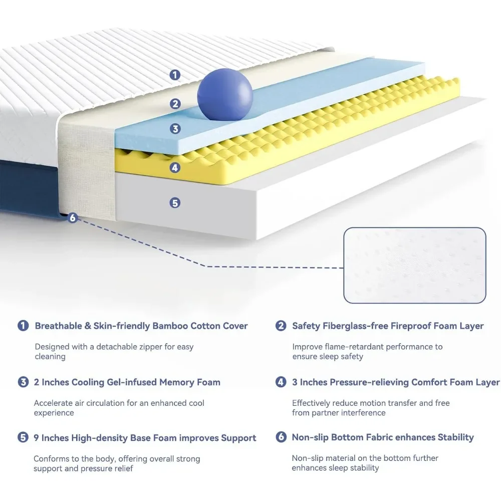 Mattress, 12 Inch Green Tea Cooling Gel Memory Foam Mattress Queen, Bed Mattress in a Box CertiPUR-US CertifiedZL