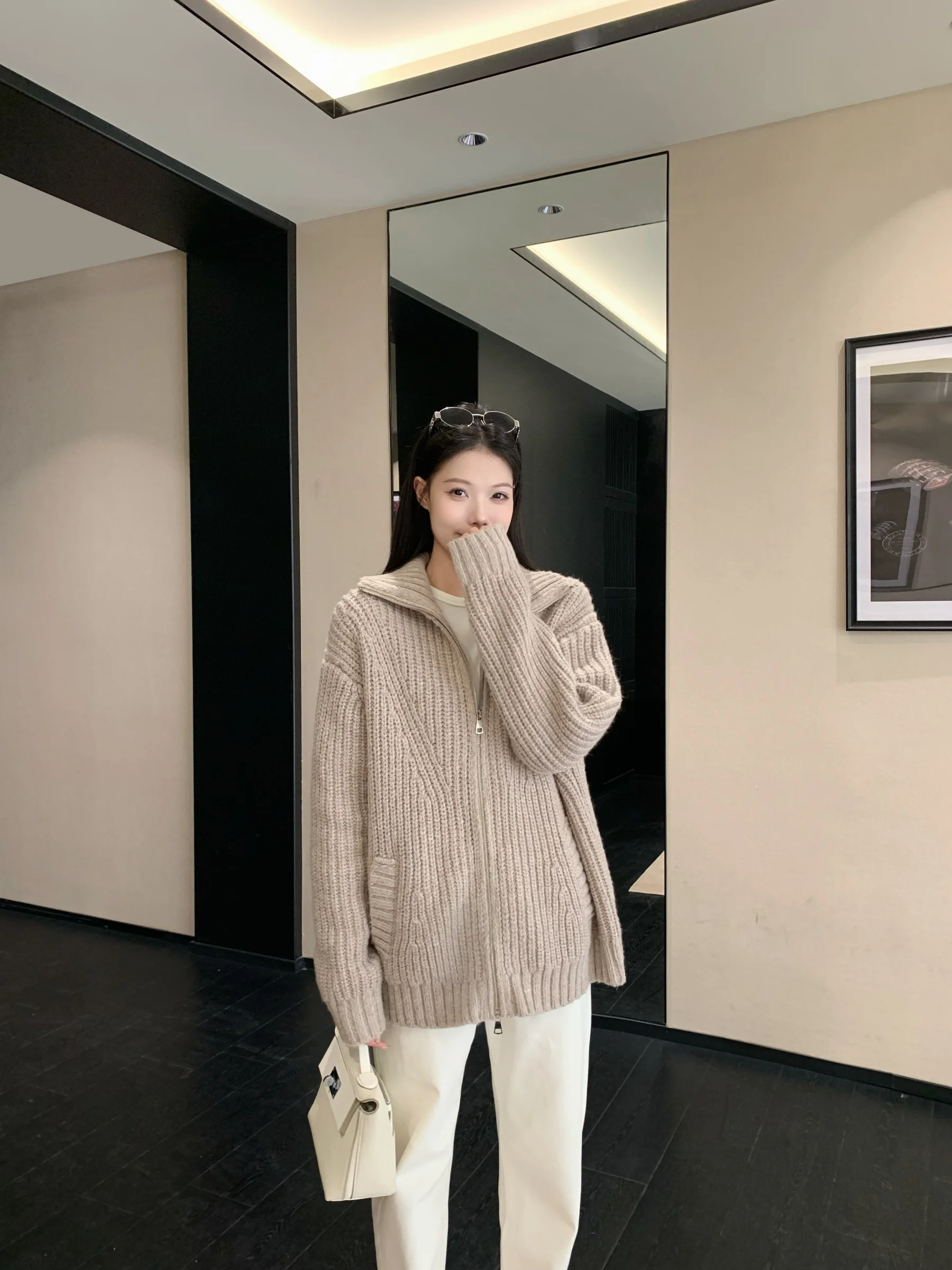 

5werkwen Chao Thi 300g 30 Wool Zipper Knitted Open Cardigan Loose Outerwear Women's Commute Sle Regular Fit Long Sve