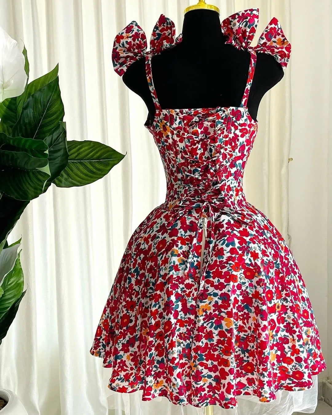 Spring Elegant European American Style Casual  Floral Print Halter Bow Lace-up Dresses High Waist Bowknot A-line Short Dress