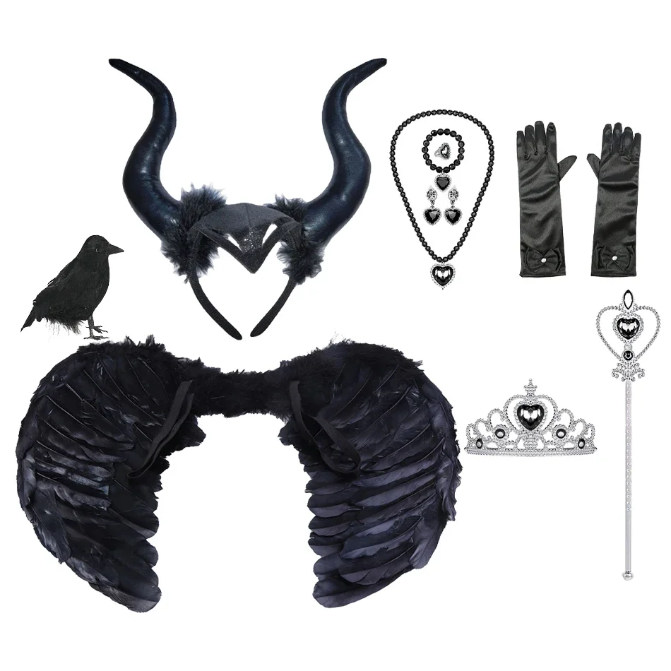 Vintage Wings Black Angel Costume Witch Devil Horns Hair Hoop Set Decorations Feather Black Swan Cosplay Halooween Accessories