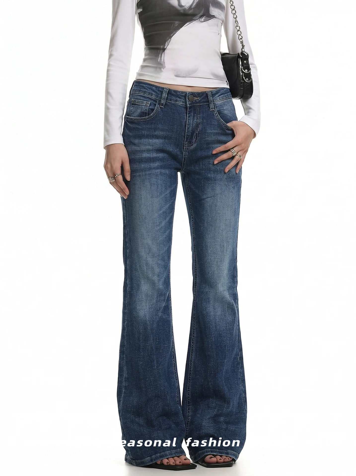 

American Style Retro Washed Bell Bottom Jeans Women Slimming Fashionable Long Pants Cotton Polyester Blend Resistant to Defor...