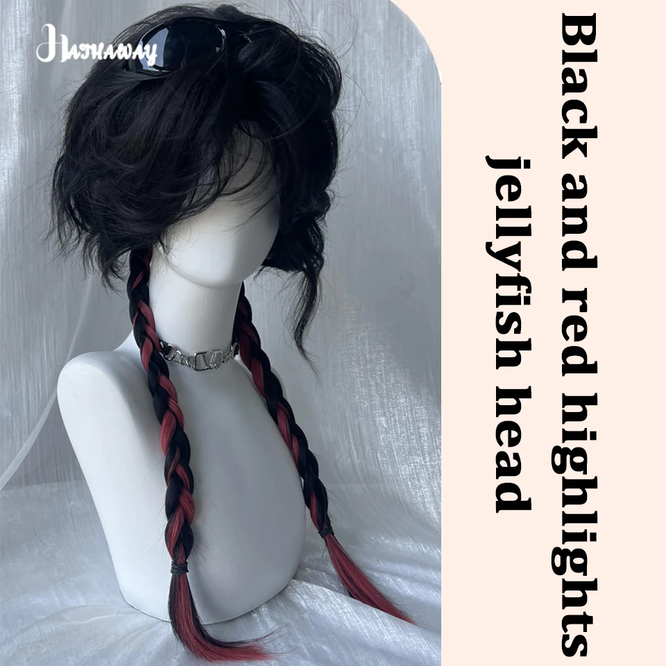 Jellyfish Head Wig Female Synthetic Long Hair Subculture Mine System Black And Red Highlights Y2k Braid Long Straight Hair Wig