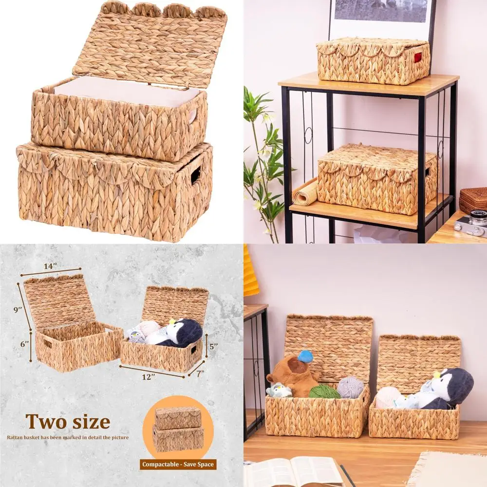 سلة تخزين مستطيلة من الخيزران مع حواف وأغطية صدفية، منظم روطان متعدد الأغراض بمقابض مدمجة #1