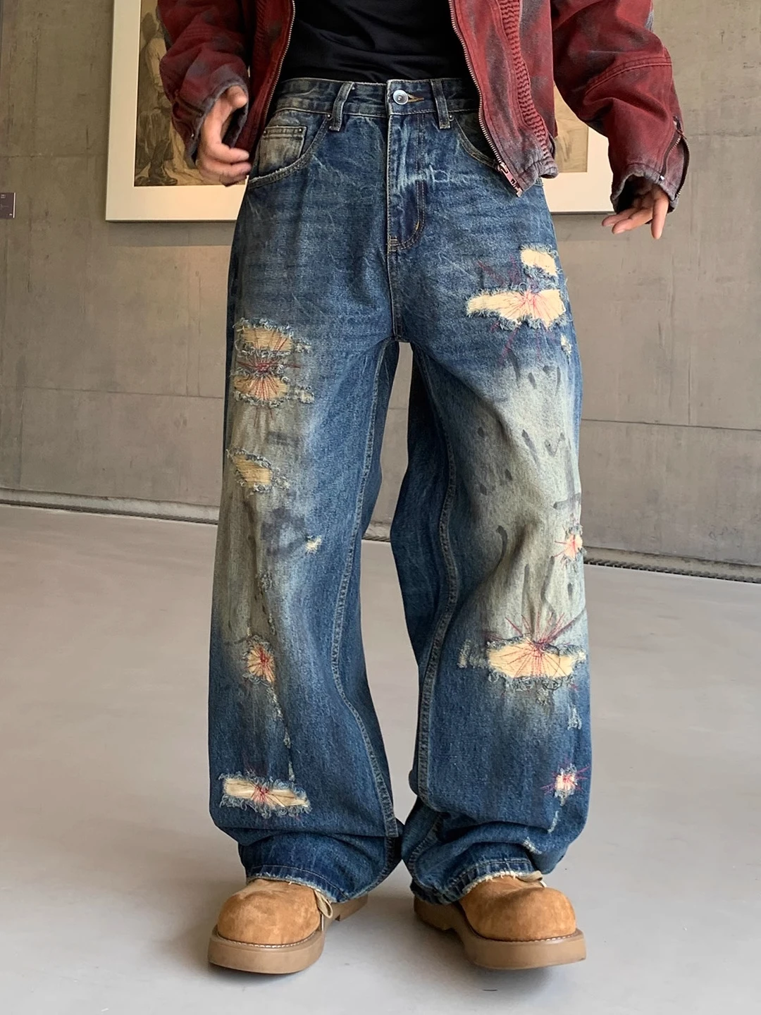 

Ретро-джинсы в американском стиле с эффектом потертости, свободные прямые брюки для мужчин, уличный стиль, весна-осень, молодежный тренд