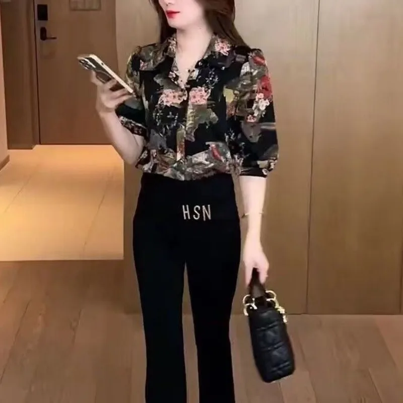 Women\'s 2024 Summer New Patchwork Turndown Collar Printing Button Fashion Elegant Loose Comfortable Short Sleeve Blouses Shirts