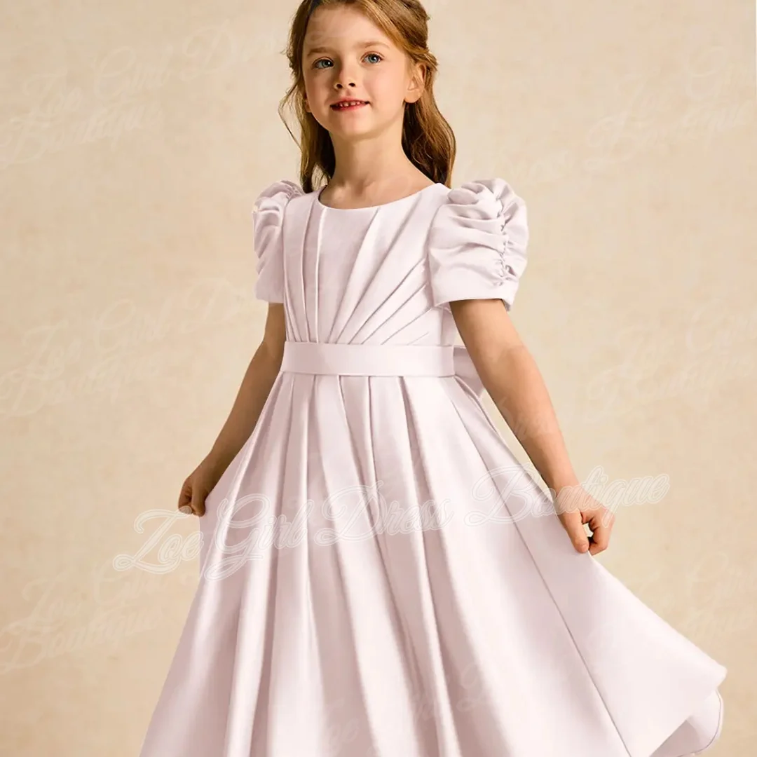 Robe de demoiselle d'honneur en satin plissé rose poudré, manches courtes bouffantes, nœud et boutons au dos, pour mariage, anniversaire, première communion, personnalisable