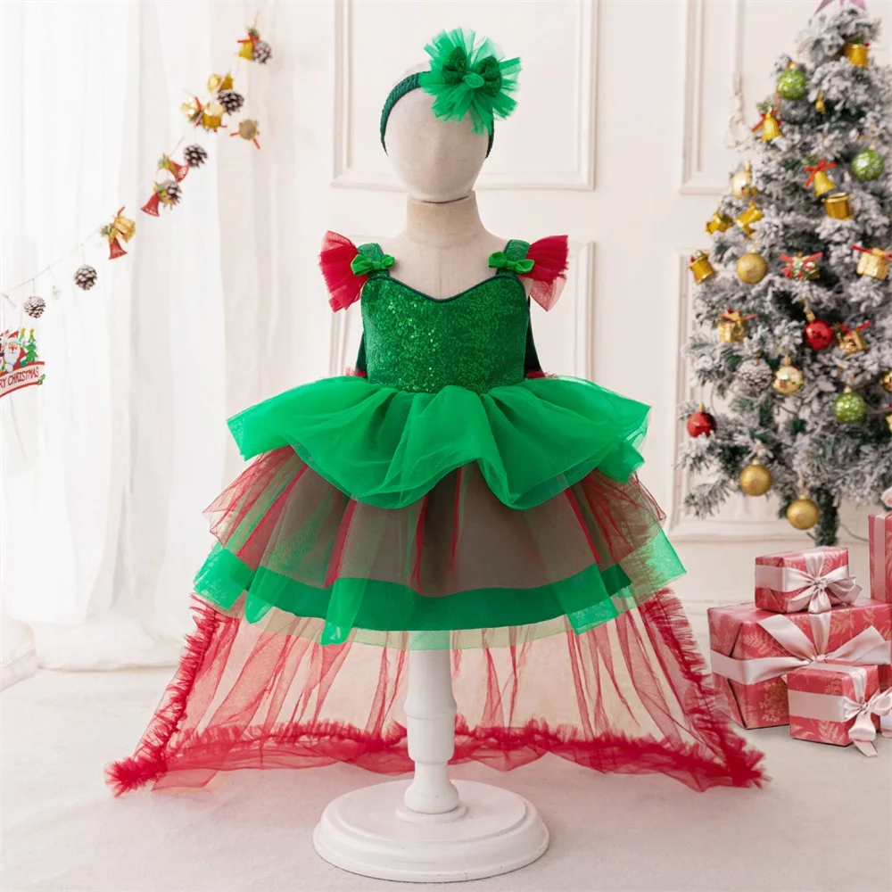 2pcs Baby Girls Christmas Trailing Party Dresses Toddler Kids Sequin Birthday Tutu Dress Girl Summer Lace Fashion Evening Gown