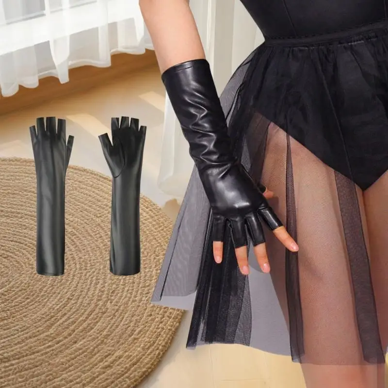 

Autumn Winter Extended Leather Glove Women Fleece Black Thin Half Finger Gloves Touch Screen Warm Windproof Outdoor Fur Mittens