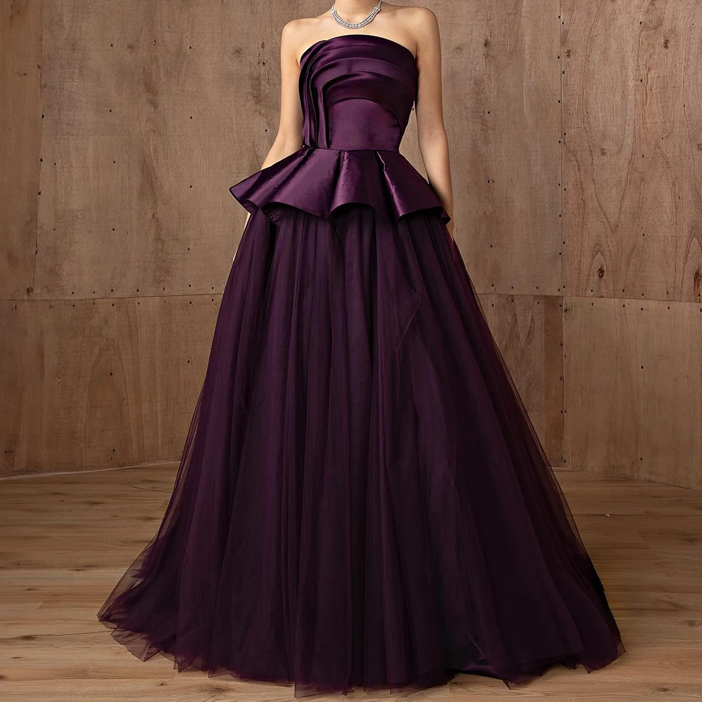 

Customized Temperament Tulle Panel Train Evening Dress Delicate Strapless A-Line Sleeveless Floor Length Vestidos De Fiesta