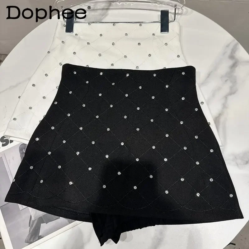 

2023 Spring Summer New Full Body Rhinestone Beaded Black Short Culottes Women Socialite Slim Fit Bandage Hip Mini Skirt Female