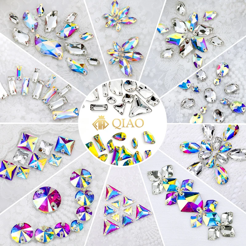 QIAO 25Pcs/set AAAAA Mix Size Glass Sew On Rhinestones Sewing Crystal AB Flat Back Stones For Clothes Accessories Wedding Dress