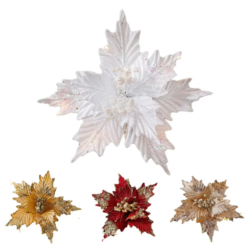 4 Colors Flower Head Artificial Christmas Flowers Shiny Handmade Simulated Sequined Flower DIY Xmas Tree Ornaments Wedding